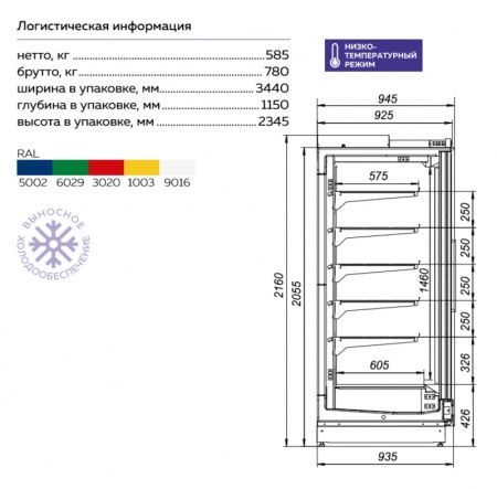 Пристенная холодильная витрина Барселона 210/98 ВХНп-3,13 (без боковин)