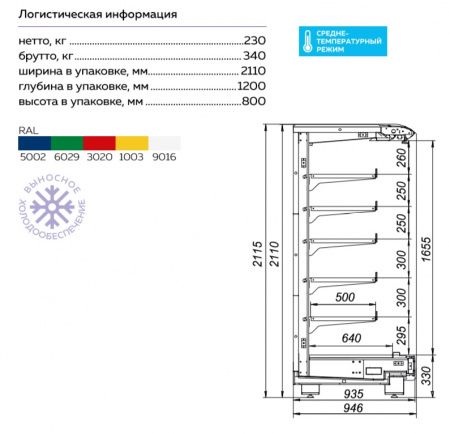 Пристенная холодильная витрина Варшава 210/94 ВХСп-1,875 (без боковин)