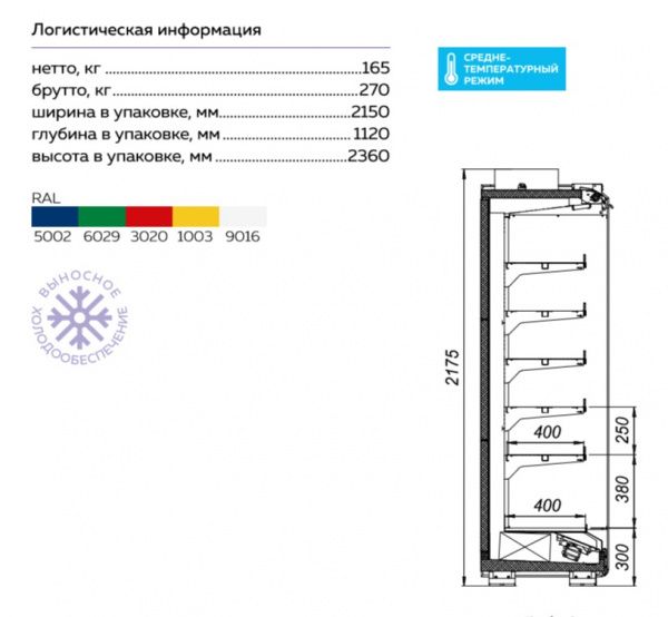 Пристенная холодильная витрина Варшава 210/66 ВХСп-1,875 (без боковин)