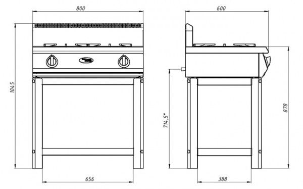 Плита газовая Grill Master Ф2ПГ/600 (открытый стенд) двухгорелочная (50037о)