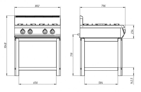 Плита газовая Grill Master Ф4ПГ/800 на подставке повыш. мощности четырёхгорелочная